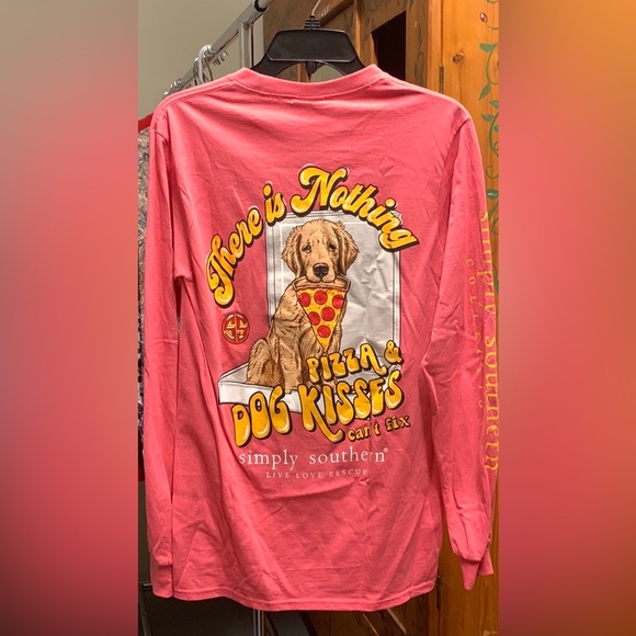 New Simply Southern Hot Pink LS “pizza & Dog Kisses tee S - Picture 1 of 3